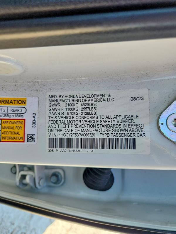 2023 Honda Accord მანქანა იყიდება აუქციონზე, vin: 1HGCY2F53PA066326, აუქციონის ნომერი: 52625166