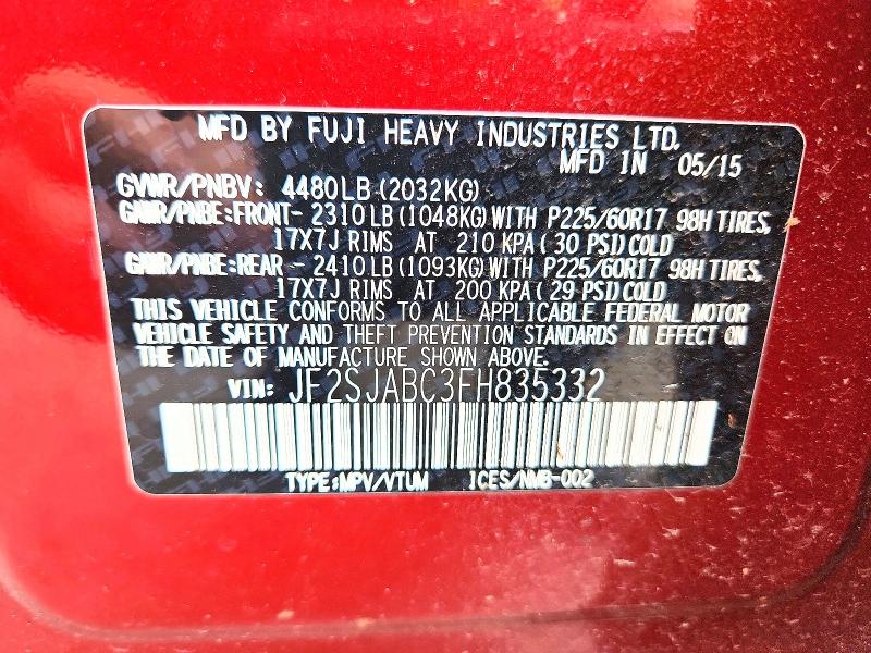 2015 Subaru Forester მანქანა იყიდება აუქციონზე, vin: JF2SJABC3FH835332, აუქციონის ნომერი: 50643706