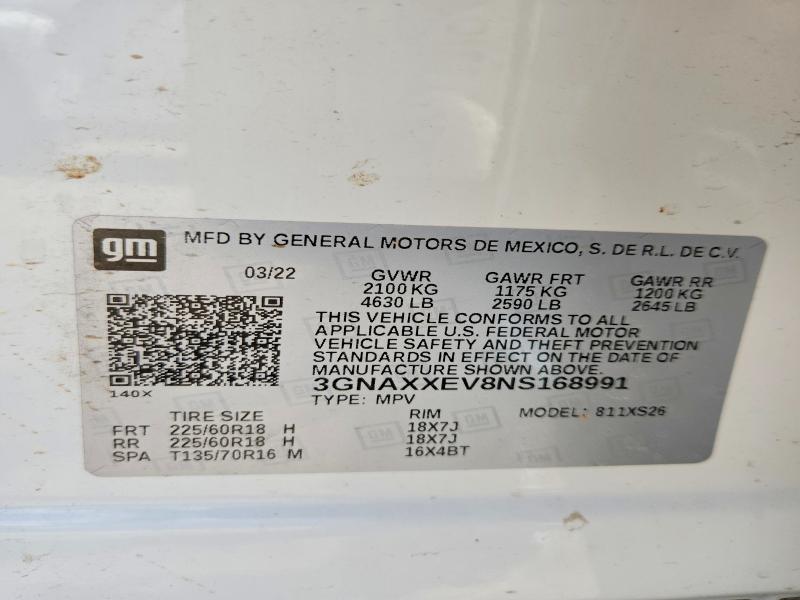 Aukcja sprzedaży 2022 Chevrolet Equinox, vin: 3GNAXXEV8NS168991, numer aukcji: 53795906