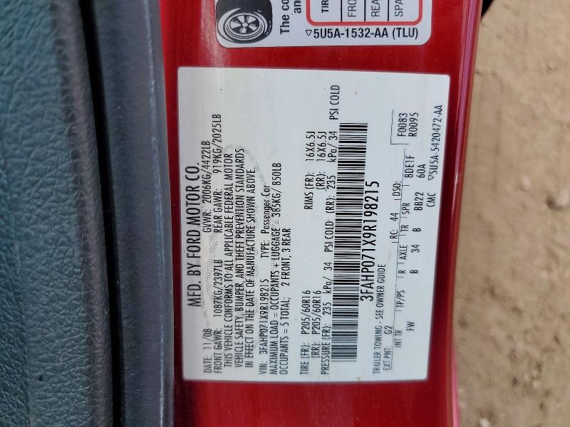 Aukcja sprzedaży 2009 Ford Fusion, vin: 3FAHP071X9R198215, numer aukcji: 52456106