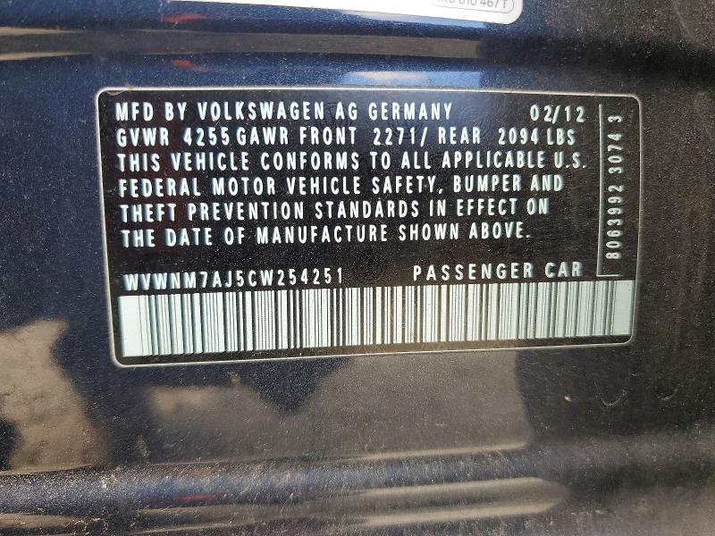 53225256 :رقم المزاد ، WVWNM7AJ5CW254251 vin ، 2012 Volkswagen Golf مزاد بيع