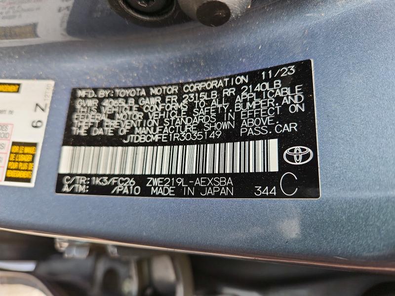 Aukcja sprzedaży 2024 Toyota Corolla Hybrid, vin: JTDBCMFE1R3035149, numer aukcji: 54850246