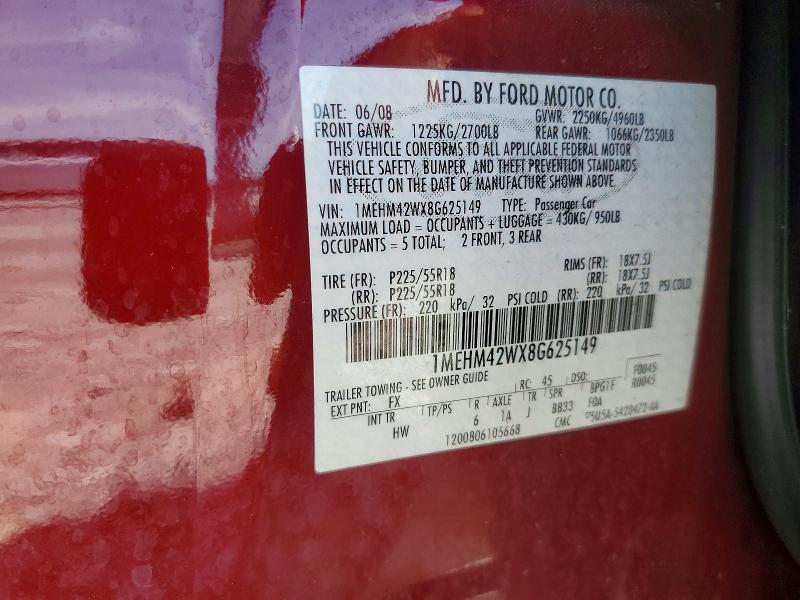 2008 Mercury Sable მანქანა იყიდება აუქციონზე, vin: 1MEHM42WX8G625149, აუქციონის ნომერი: 52211086