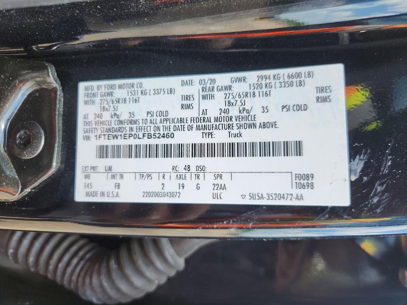 53018816 :رقم المزاد ، 1FTEW1EP0LFB52460 vin ، 2020 Ford F150 مزاد بيع
