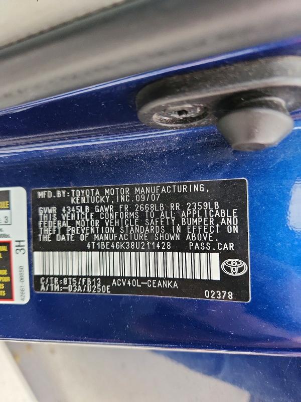 Aukcja sprzedaży 2008 Toyota Camry, vin: 4T1BE46K38U211428, numer aukcji: 52596646