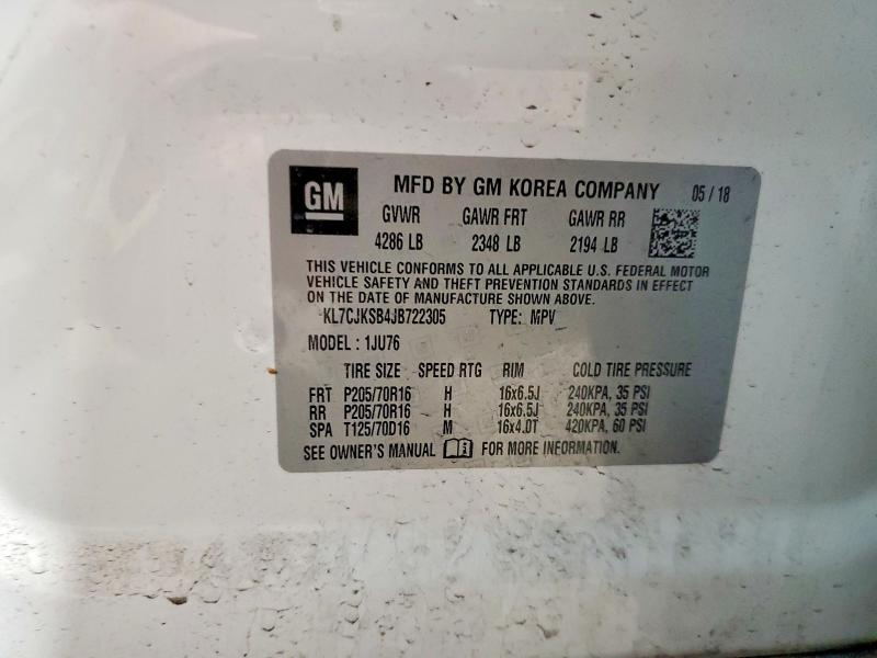 2018 Chevrolet Trax მანქანა იყიდება აუქციონზე, vin: KL7CJKSB4JB722305, აუქციონის ნომერი: 52022066
