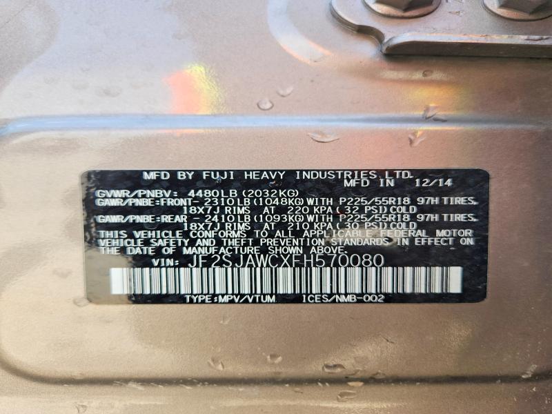 Aukcja sprzedaży 2015 Subaru Forester, vin: JF2SJAWCXFH570080, numer aukcji: 52778876
