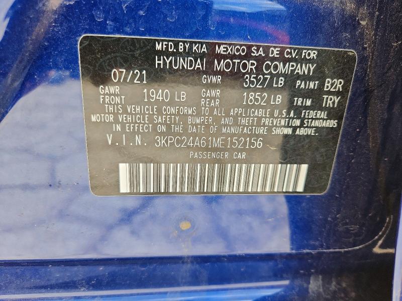 Aukcja sprzedaży 2021 Hyundai Accent, vin: 3KPC24A61ME152156, numer aukcji: 53005206