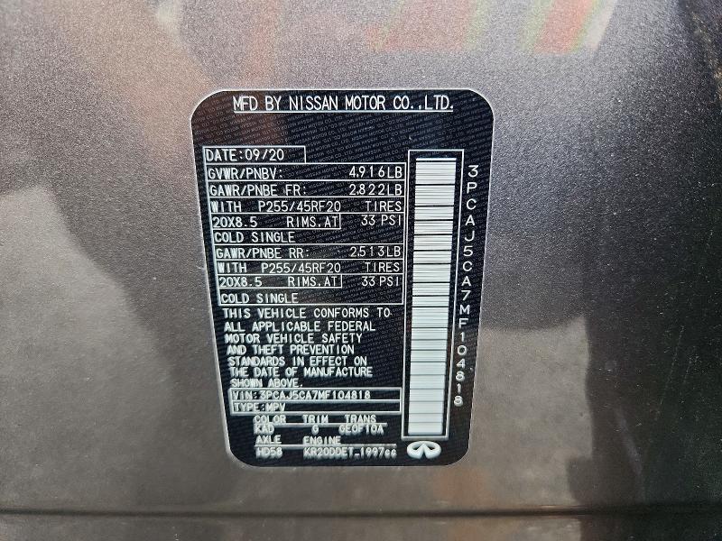 52518716 :رقم المزاد ، 3PCAJ5CA7MF104818 vin ، 2021 Infiniti Qx50 مزاد بيع