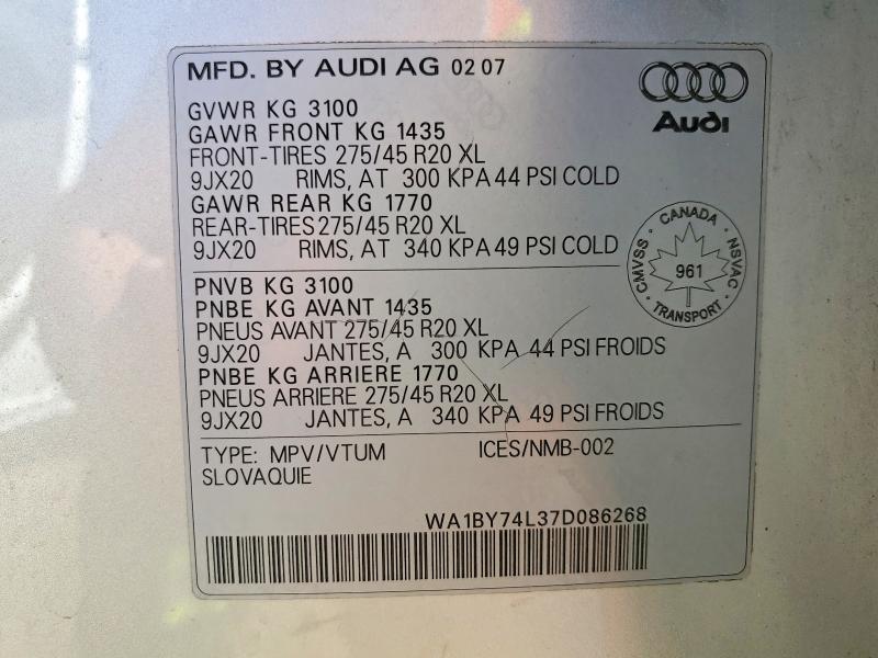 Продажа на аукционе авто 2007 Audi Q7, vin: WA1BY74L37D086268, номер лота: 52828766
