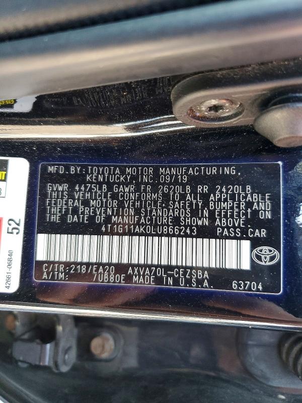 2020 Toyota Camry მანქანა იყიდება აუქციონზე, vin: 4T1G11AK0LU866243, აუქციონის ნომერი: 52242536