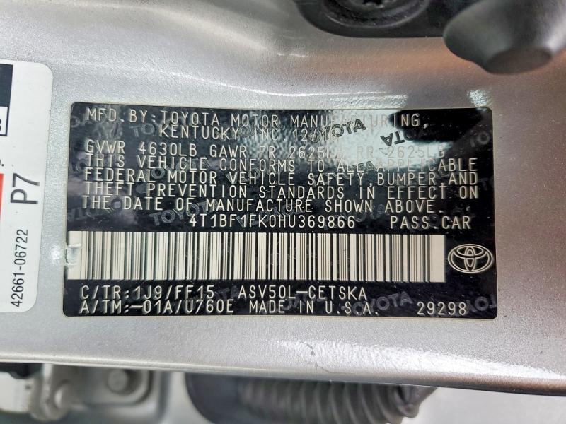 Aukcja sprzedaży 2017 Toyota Camry, vin: 4T1BF1FK0HU369866, numer aukcji: 53712396
