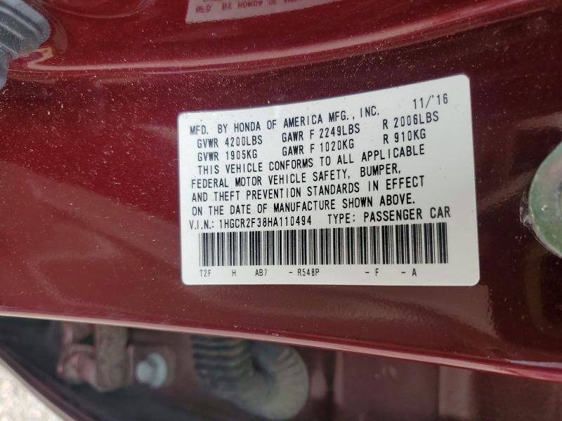 2017 Honda Accord მანქანა იყიდება აუქციონზე, vin: 1HGCR2F38HA110494, აუქციონის ნომერი: 54625996