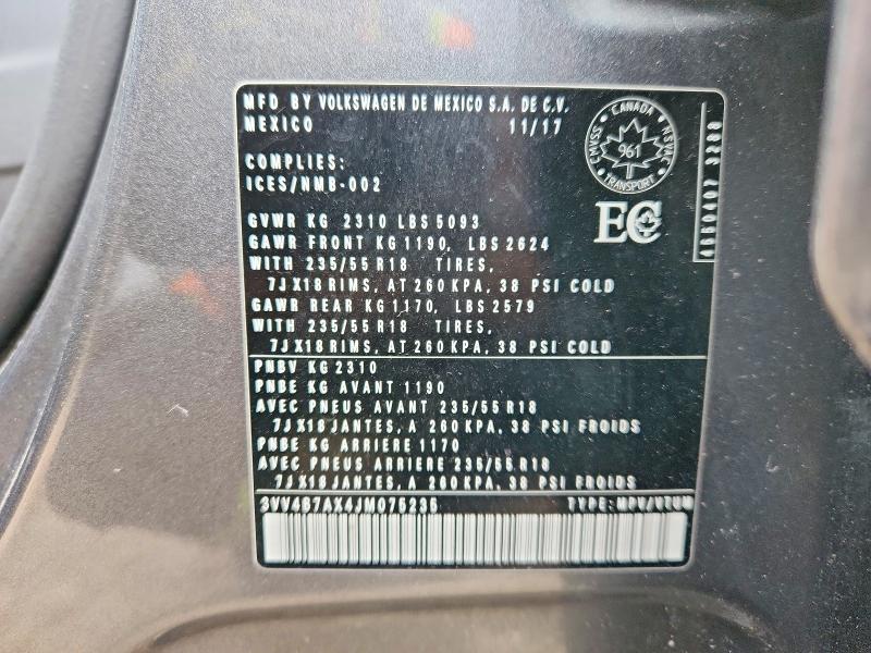 Aukcja sprzedaży 2018 Volkswagen Tiguan, vin: 3VV4B7AX4JM075235, numer aukcji: 52557776