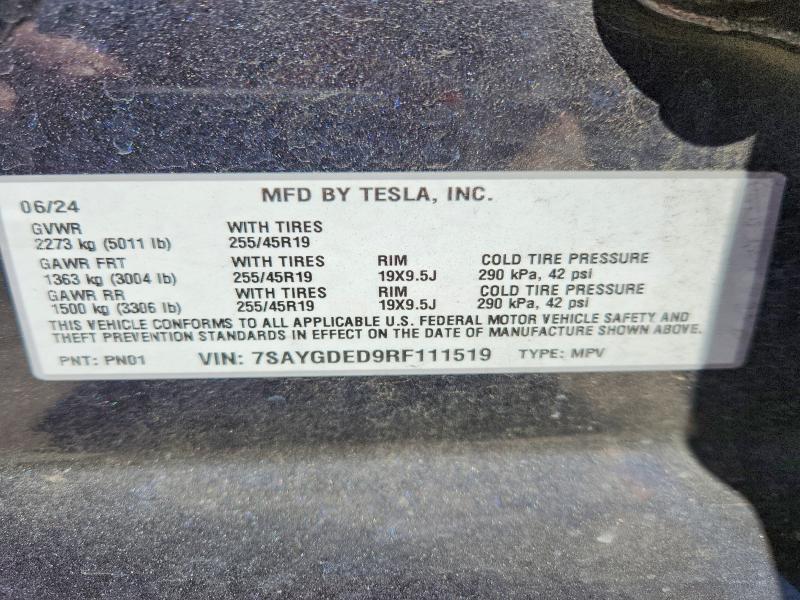 2024 Tesla Model Y მანქანა იყიდება აუქციონზე, vin: 7SAYGDED9RF111519, აუქციონის ნომერი: 54890886