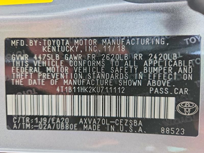 Продажа на аукционе авто 2019 Toyota Camry, vin: 4T1B11HK2KU711112, номер лота: 53171026