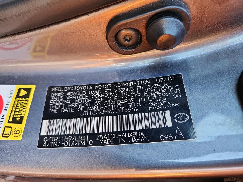 Aukcja sprzedaży 2012 Lexus Ct, vin: JTHKD5BH9C2115569, numer aukcji: 54679786