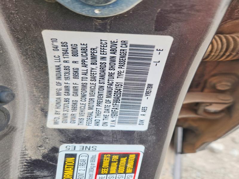 Auction sale of the 2010 Honda Civic, vin: 19XFA1F99AE054151, lot number: 52433496