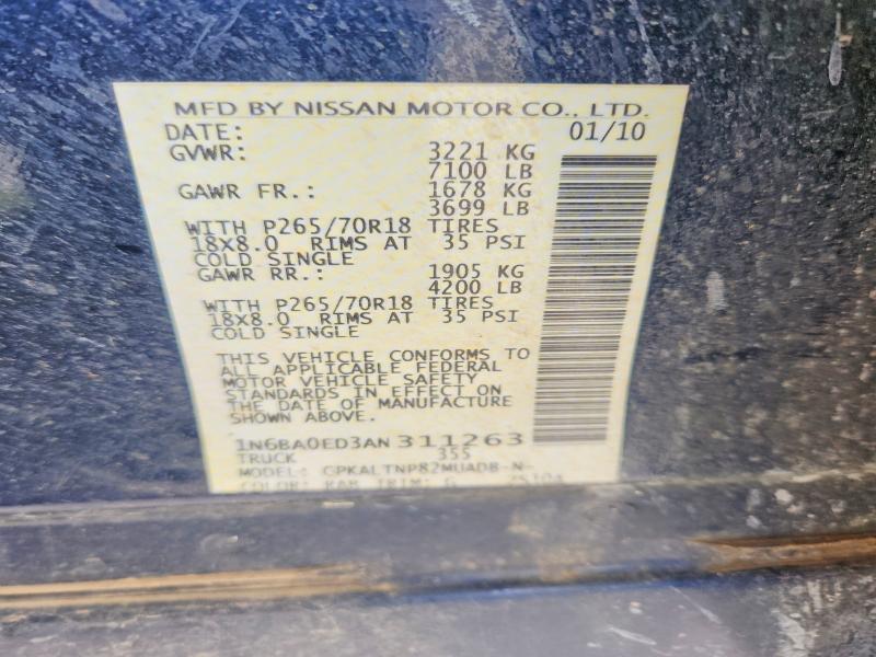 2010 Nissan Titan მანქანა იყიდება აუქციონზე, vin: 1N6BA0ED3AN311263, აუქციონის ნომერი: 51983546