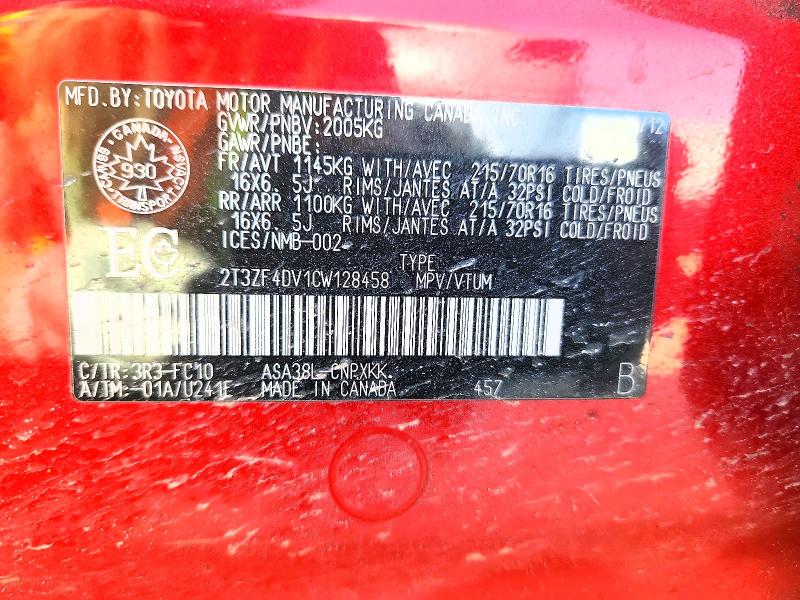 53066136 :رقم المزاد ، 2T3ZF4DV1CW128458 vin ، 2012 Toyota Rav4 مزاد بيع