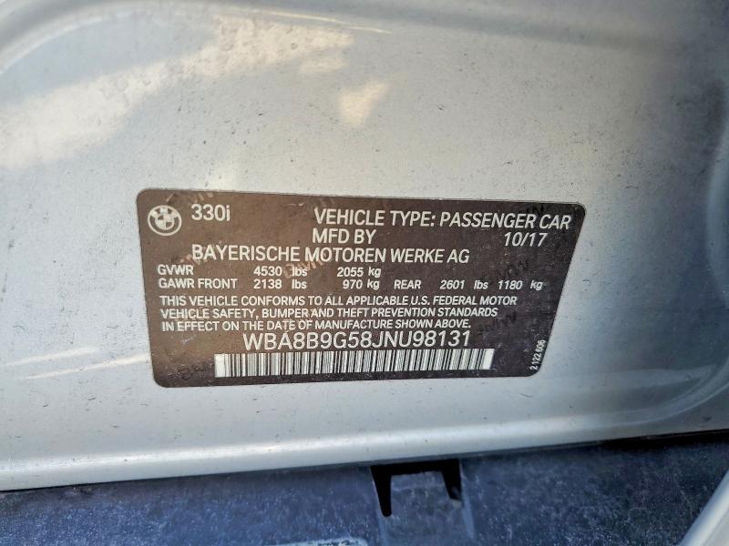 2018 Bmw 330 მანქანა იყიდება აუქციონზე, vin: WBA8B9G58JNU98131, აუქციონის ნომერი: 54725186