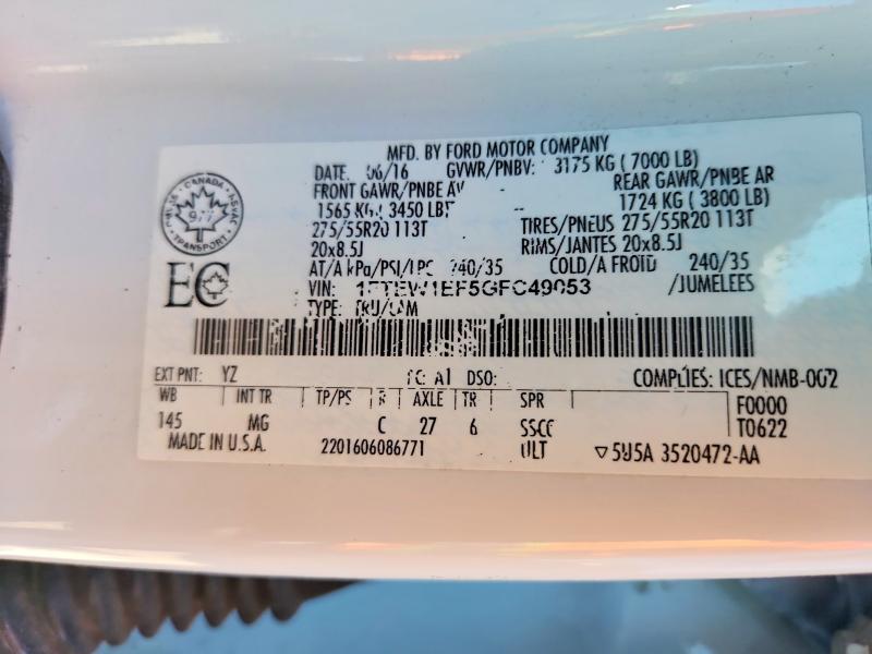 52965976 :رقم المزاد ، 1FTEW1EF5GFC49053 vin ، 2016 Ford F150 مزاد بيع