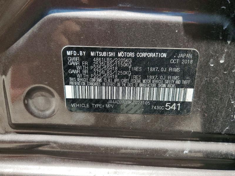 2019 Mitsubishi Outlander მანქანა იყიდება აუქციონზე, vin: JA4AD2A39KZ023105, აუქციონის ნომერი: 55597056