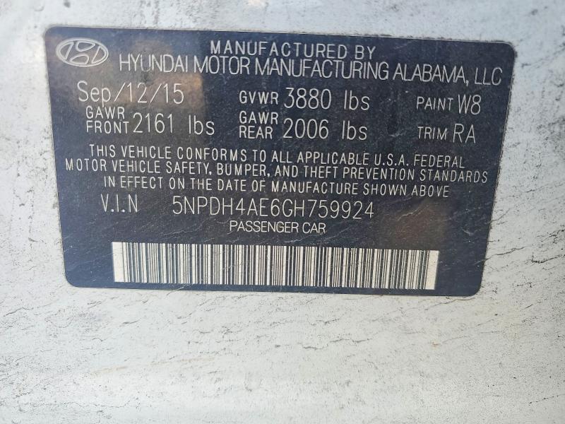 55367096 :رقم المزاد ، 5NPDH4AE6GH759924 vin ، 2016 Hyundai Elantra مزاد بيع