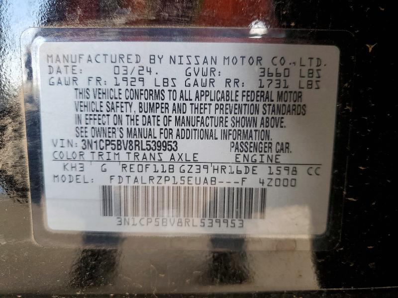 2024 Nissan Kicks მანქანა იყიდება აუქციონზე, vin: 3N1CP5BV8RL539953, აუქციონის ნომერი: 53418566
