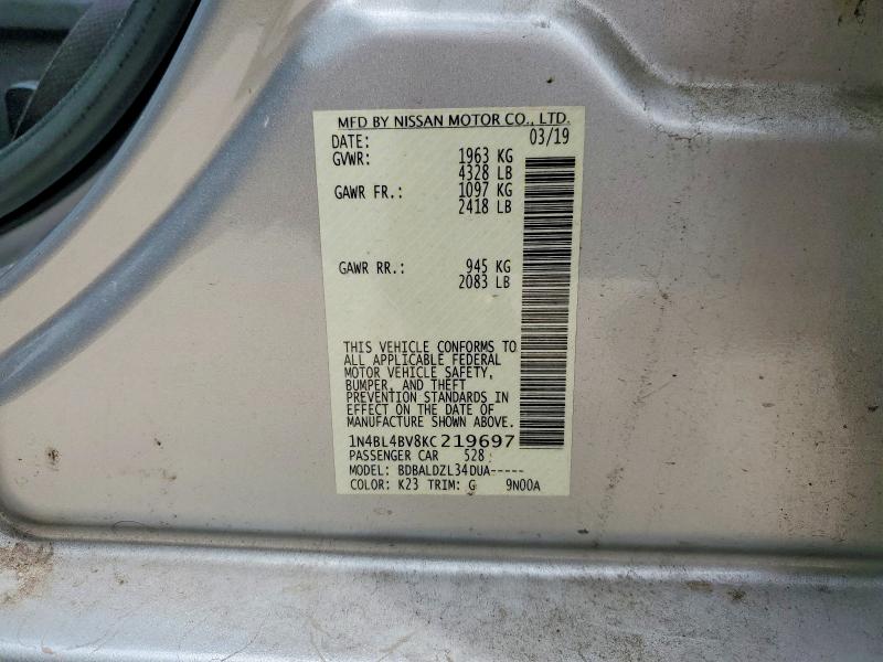 2019 Nissan Altima მანქანა იყიდება აუქციონზე, vin: 1N4BL4BV8KC219697, აუქციონის ნომერი: 54542706