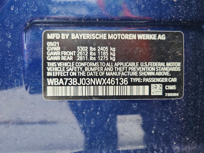 Aukcja sprzedaży 2022 Bmw 540, vin: WBA73BJ03NWX46136, numer aukcji: 54849036