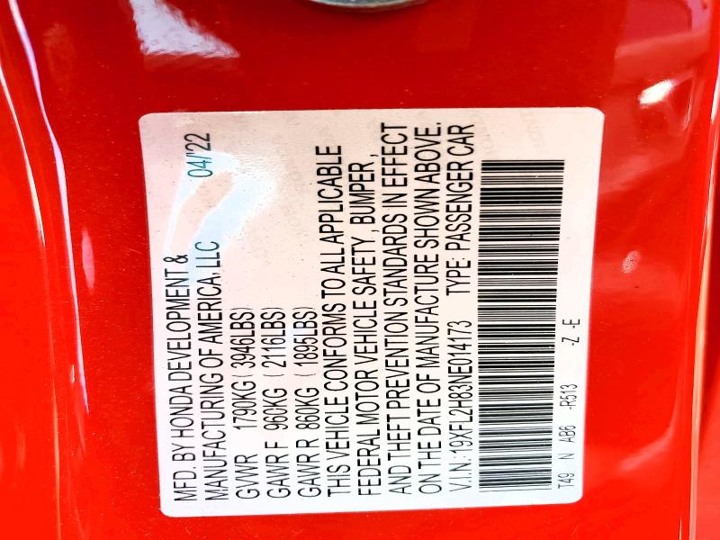 2022 Honda Civic მანქანა იყიდება აუქციონზე, vin: 19XFL2H83NE014173, აუქციონის ნომერი: 53097466
