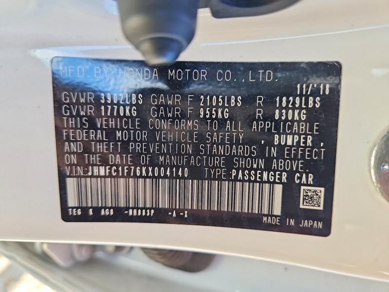53530886 :رقم المزاد ، JHMFC1F76KX004140 vin ، 2019 Honda Civic مزاد بيع