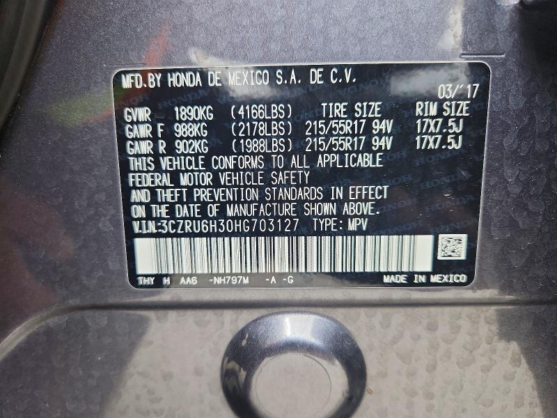 52589566 :رقم المزاد ، 3CZRU6H30HG703127 vin ، 2017 Honda Hr-v مزاد بيع