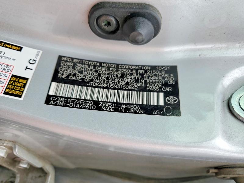 Aukcja sprzedaży 2022 Toyota Prius, vin: JTDKAMFU5N3160842, numer aukcji: 52227426