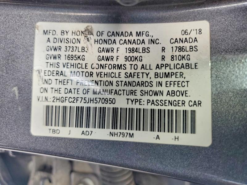 2018 Honda Civic მანქანა იყიდება აუქციონზე, vin: 2HGFC2F75JH570950, აუქციონის ნომერი: 55605956