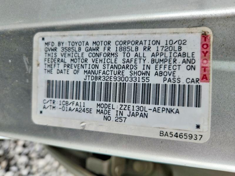55451656 :رقم المزاد ، JTDBR32E930033155 vin ، 2003 Toyota Corolla مزاد بيع