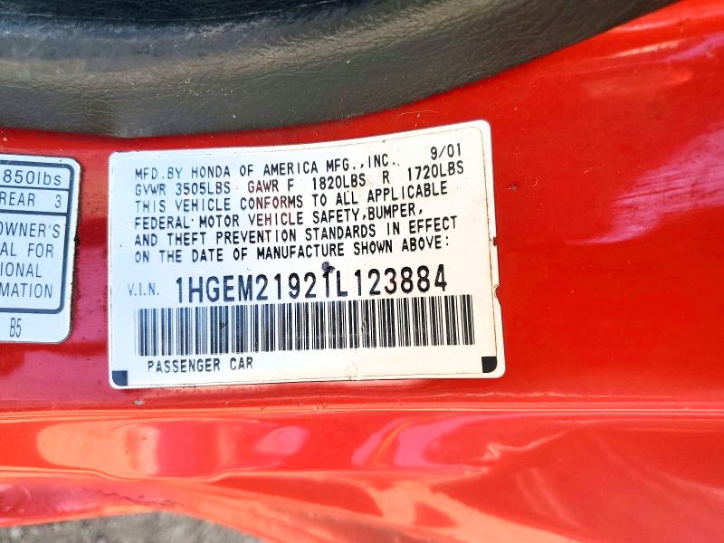 2001 Honda Civic მანქანა იყიდება აუქციონზე, vin: 1HGEM21921L123884, აუქციონის ნომერი: 53654686