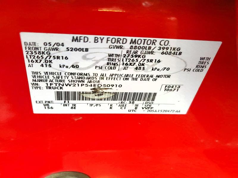 Продаж на аукціоні авто 2004 Ford F250, vin: 1FTNW21P54ED50910, номер лоту: 54164296