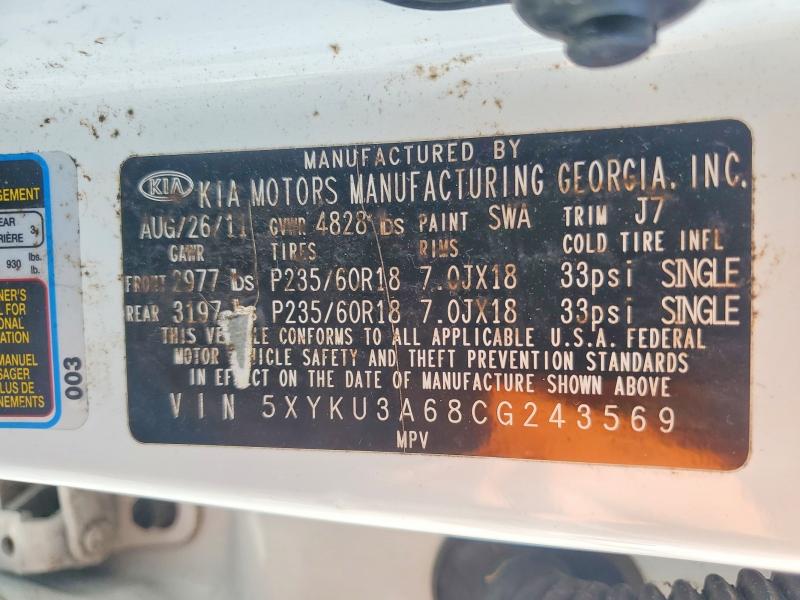 Продажа на аукционе авто 2012 Kia Sorento, vin: 5XYKU3A68CG243569, номер лота: 53287156