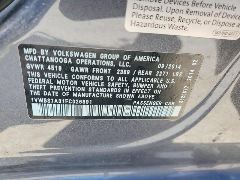 Aukcja sprzedaży 2015 Volkswagen Passat, vin: 1VWBS7A31FC026891, numer aukcji: 52941326