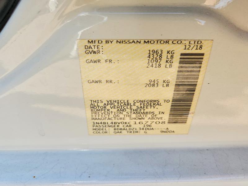 54719726 :رقم المزاد ، 1N4BL4BV0KC167708 vin ، 2019 Nissan Altima مزاد بيع