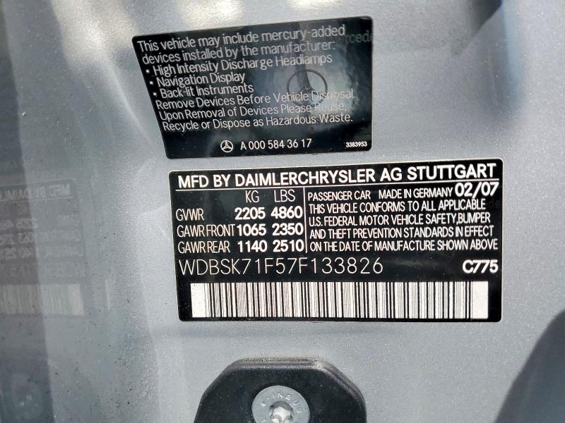 54320856 :رقم المزاد ، WDBSK71F57F133826 vin ، 2007 Mercedes-benz Sl مزاد بيع