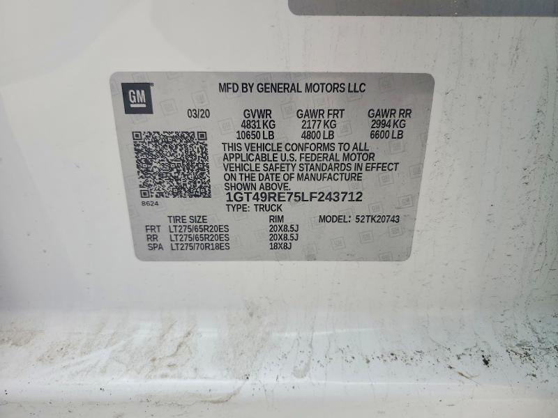 54288966 :رقم المزاد ، 1GT49RE75LF243712 vin ، 2020 Gmc Sierra مزاد بيع