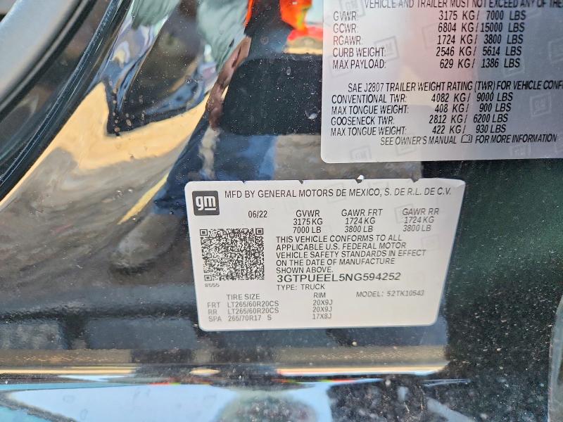 Aukcja sprzedaży 2022 Gmc Sierra, vin: 3GTPUEEL5NG594252, numer aukcji: 55147846