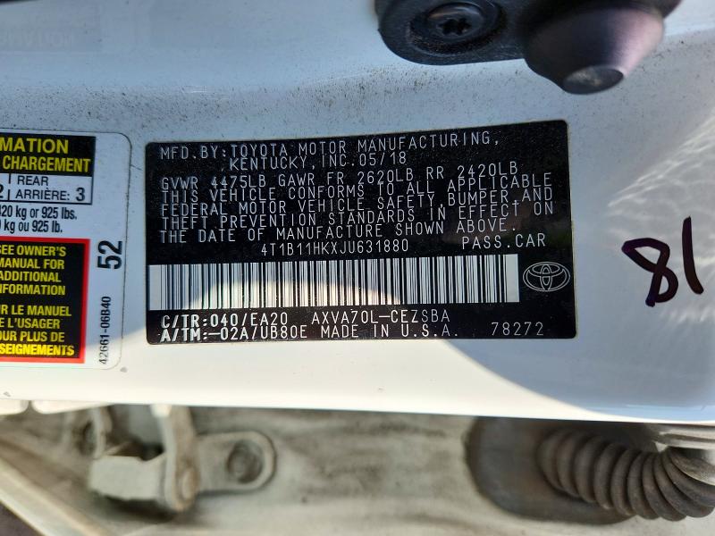 Aukcja sprzedaży 2018 Toyota Camry, vin: 4T1B11HKXJU631880, numer aukcji: 52259076