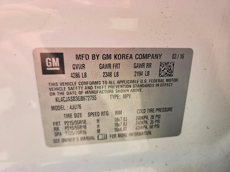 2016 Buick Encore მანქანა იყიდება აუქციონზე, vin: KL4CJASB3GB672755, აუქციონის ნომერი: 52931246