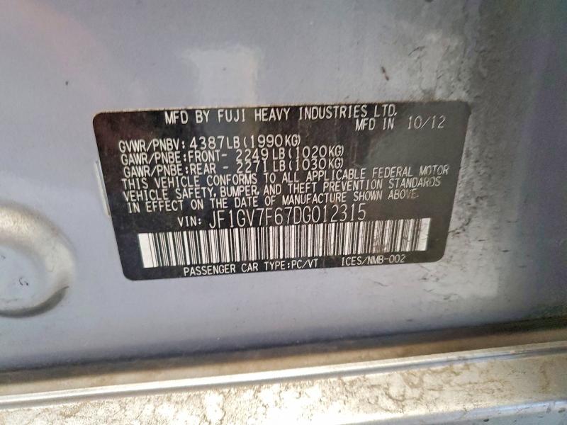 52591036 :رقم المزاد ، JF1GV7F67DG012315 vin ، 2013 Subaru Impreza مزاد بيع