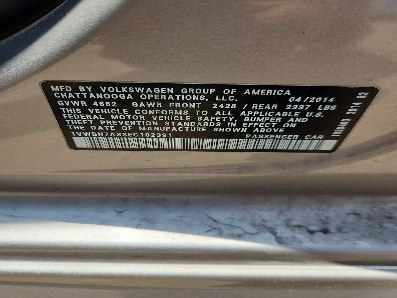 54909556 :رقم المزاد ، 1VWBN7A33EC102391 vin ، 2014 Volkswagen Passat مزاد بيع