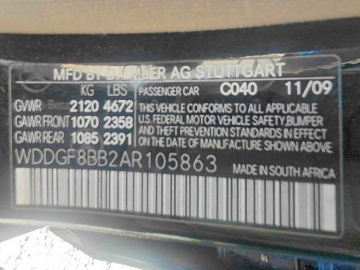 Aukcja sprzedaży 2010 Mercedes-benz C, vin: WDDGF8BB2AR105863, numer aukcji: 55543316